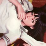  1girl bangs black_hair commentary deviantart_username guweiz hair_between_eyes hand_on_own_chin long_hair looking_at_viewer lying on_back original shirt solo striped striped_shirt 