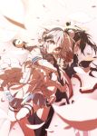  2girls black_hair blurry boro_(tn-boro) depth_of_field falling_petals fav_(mahoiku) frown hairband holding holding_weapon mahou_shoujo_ikusei_keikaku mahou_shoujo_ikusei_keikaku_unmarked multiple_girls petals pink_hair pleated_skirt ripple_(mahoiku) school_uniform short_hair skirt snow_white_(mahoiku) thigh-highs weapon white_legwear yellow_eyes 