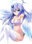  1girl absurdres angel_wings armlet bare_shoulders black_heart blue_eyes blue_hair blush breasts circlet cleavage detached_collar elbow_gloves flower four_goddesses_online:_cyber_dimension_neptune garter_straps gloves hair_between_eyes hair_flower hair_ornament halo highres long_hair looking_at_viewer medium_breasts navel neptune_(series) niche-tan solo symbol-shaped_pupils thigh-highs white_gloves wings 