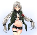  1girl armband blush fingerless_gloves girls_frontline gloves hair_between_eyes hair_ornament hairclip highres jacket long_hair looking_at_viewer mg4_(girls_frontline) navel shirt_lift shorts silver_hair simple_background solo thigh_strap twintails very_long_hair yellow_eyes 