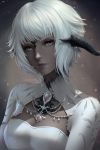  1girl artist_name au_ra breasts chuby_mi cleavage cleavage_cutout closed_mouth dark_skin dragon_horns dress final_fantasy final_fantasy_xiv grey_eyes highres horns lips looking_at_viewer scales short_hair solo upper_body white_dress white_hair 