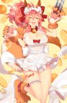  1girl animal_ears apron bell bell_collar blush bow breasts cat_hair_ornament cat_paws cleavage collar fangs fate/grand_order fate_(series) food fox_ears fox_tail fruit gloves hair_bow hair_ornament hair_ribbon highres jingle_bell knife large_breasts long_hair maid_headdress naked_apron open_mouth orange paw_gloves paw_shoes paws pink_hair ponytail red_ribbon ribbon shoes skelefuku solo tail tamamo_(fate)_(all) tamamo_cat_(fate) twitter_username yellow_eyes 