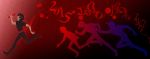  4boys baton black_hair blood blood_splatter devilman devilman_crybaby fudou_akira highres leg1228 male_focus multiple_boys red_background running sideburns silhouette simple_background tears year 