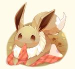  blush brown_eyes cloth eevee faux_figurine full_body highres looking_at_viewer lying mouth_hold nibbling no_humans on_floor on_stomach paws pokemon pokemon_(creature) simple_background ushiina yellow_background 