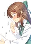  1girl blush bow brown_hair commentary_request green_bow hair_bow half_updo idolmaster idolmaster_cinderella_girls long_hair long_sleeves profile racer_(magnet) simple_background solo surprised sweatdrop tachibana_arisu translation_request white_background 