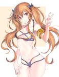  1girl :3 arm_at_side arm_up armband armpits artist_name bangs bare_shoulders bikini black_bow blush bow breasts brown_hair cleavage collarbone cowboy_shot damda eyebrows_visible_through_hair eyes_visible_through_hair floating_hair girls_frontline hair_between_eyes hair_bow hair_ornament hair_over_shoulder hairclip head_tilt highleg highleg_bikini leaning long_hair looking_at_viewer medium_breasts navel ribs scar scar_across_eye sidelocks simple_background skindentation smile solo standing stomach swimsuit thighs twintails ump9_(girls_frontline) v violet_eyes 