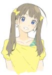  1girl absurdres bangs blue_eyes blunt_bangs bow brown_hair donguri_suzume earrings grin hair_bow head_tilt highres jewelry long_hair looking_at_viewer original puffy_short_sleeves puffy_sleeves short_sleeves simple_background smile solo star star_earrings twintails upper_body white_background yellow_bow 