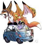  2girls absurdres animal animal_ears bangs black_legwear blonde_hair blunt_bangs blush bow capelet car chimera closed_eyes closed_mouth clothed_animal dog_child_(doitsuken) dog_ears doitsuken dress driving ears_through_headwear fangs fennec_fox fox fox_child_(doitsuken) fox_ears fox_tail goggles goggles_on_head ground_vehicle hand_on_headwear hat highres jewelry katana legs_apart long_sleeves looking_at_viewer motor_vehicle multiple_girls multiple_tails necklace on_vehicle open_mouth original oversized_animal pantyhose purple_hair red_bow red_capelet red_eyes red_hat scabbard sheath sheathed shoe_bow shoes simple_background sitting smile sword tail torii watch watch weapon white_background white_dress wings yawning yellow_eyes 