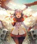  1girl bangs blunt_bangs chobi_(sakuyasakuhana) cowboy_shot feathered_wings fur_collar gloves gradient_hair head_wings japanese_crested_ibis_(kemono_friends) kemono_friends long_hair long_sleeves looking_at_viewer miniskirt multicolored_hair open_mouth outdoors pantyhose red_gloves red_legwear red_ribbon red_skirt redhead ribbon skirt sky solo speaker standing tail white_coat white_hair wings yellow_eyes 