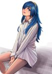  1girl absurdres artist_request blue_eyes blue_hair fire_emblem fire_emblem:_kakusei highres long_hair looking_at_viewer lucina naked_shirt shirt simple_background solo tiara xenoblade xenoblade_2 