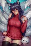  1girl ahoge ahri animal_ears bare_shoulders black_hair black_legwear blush breasts closed_mouth commentary dated deviantart_username fox_ears fox_tail hair_between_eyes hand_up head_tilt highres large_breasts league_of_legends legs_together lips long_hair long_sleeves looking_at_viewer mirco_cabbia multiple_tails panties patreon_username pink_lips purple_panties red_sweater shoulder_cutout signature sitting smile solo stuffed_toy tail underwear whisker_markings yellow_eyes 