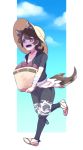  20day_cc :d animal_ears basket blue_sky brown_eyes brown_hair day dog_ears dog_tail hat holding_basket japanese_clothes male_focus medium_hair mutsu-no-kami_yoshiyuki open_mouth outdoors running sandals sky smile sun_hat tail touken_ranbu 