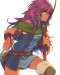  1girl arrow belt blue_dress boots bow_(weapon) bright_pupils closed_mouth dress faris_scherwiz final_fantasy final_fantasy_v fingernails green_eyes green_scarf hair_between_eyes holding knee_up long_hair looking_at_viewer nail_polish purple_nails scarf short_dress simple_background sleeveless solo sunagimo_(nagimo) thigh-highs thigh_boots violet_eyes weapon white_background 