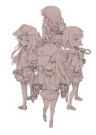  4girls adjusting_clothes adjusting_hat akatsuki_(kantai_collection) anchor anchor_symbol badge black_legwear cannon cnm flat_cap folded_ponytail hat hibiki_(kantai_collection) highres ikazuchi_(kantai_collection) inazuma_(kantai_collection) kantai_collection long_hair machinery monochrome multiple_girls school_uniform serafuku short_hair smokestack turret 