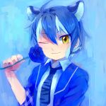  1girl ;) ahoge animal_ears animal_print artist_name blue_flower blue_hair blue_rose closed_mouth collared_shirt eyebrows_visible_through_hair flower hair_between_eyes hanada_(cobalt003) hand_up holding holding_flower jacket kemono_friends looking_at_viewer maltese_tiger_(kemono_friends) multicolored_hair necktie one_eye_closed open_clothes open_jacket plaid print_neckwear rose shirt short_hair sleeves_rolled_up smile solo tiger_ears tiger_print upper_body white_hair white_shirt wing_collar yellow_eyes 