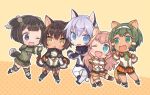  1boy 4girls animal_ears bangs black_hair blue_eyes blush cat_ears cat_girl cat_tail catboy chazuke_ikura chibi dark_skin dog_ears dog_girl dog_tail eyebrows fang farfalia green_hair hair_bobbles hair_ornament hannah_blaze ledo_vassar lion_ears lion_girl lion_tail long_hair multiple_girls one_eye_closed open_mouth pink_hair pop-up_story renge_miyamoto short_hair silver_hair skirt smile suzuna_isurugi sweatdrop tail tiger_ears tiger_girl violet_eyes yellow_eyes 