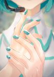  1girl artist_request blue_nails blurry claws depth_of_field fingernails glint hands hatsune_miku highres kinosuke_(pattaba) microphone nail_polish own_hands_together solo vocaloid wing_collar 