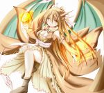  1girl arii_(tari621011) breasts brown_dress brown_eyes brown_footwear brown_hair charizard cleavage detached_sleeves dress fire flame full_body highres long_hair looking_at_viewer open_mouth personification pokemon solo wings 