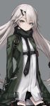  1girl akira_(aristole) armband arms_behind_back bag bands bangs belt black_neckwear black_scarf blush buckle closed_mouth expressionless floating_hair girls_frontline green_jacket hair_between_eyes hair_ornament hairclip holster jacket long_hair long_sleeves looking_at_viewer mg4_(girls_frontline) necktie red_neckwear scarf shirt sidleocks silver_hair solo standing strap thigh_holster thigh_strap thighs twintails very_long_hair weapon_bag white_shirt yellow_eyes 