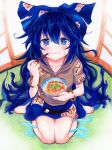  1girl bangle bare_legs barefoot blue_bow blue_eyes blue_hair blue_skirt blush bow bowl bracelet chopsticks closed_mouth commentary_request debt drawstring eating food full_body hair_between_eyes hand_up heart heart-shaped_pupils highres holding hood hoodie jewelry katsudon_(food) kittona long_hair looking_at_viewer meat millipen_(medium) perspective rice sitting skirt smile solo stuffed_animal stuffed_cat stuffed_toy symbol-shaped_pupils touhou traditional_media very_long_hair wariza watercolor_(medium) watercolor_pencil_(medium) yorigami_shion 