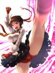  1girl ahoge arm_up breasts brown_eyes brown_hair clenched_hands commentary_request fingerless_gloves gloves headband high-waist_skirt kasugano_sakura kicking leg_up long_sleeves looking_at_viewer necktie open_mouth petals pov shirt shorts_under_skirt skirt smile solo street_fighter street_fighter_v tomoyohi white_background white_shirt 