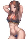  1girl abs alternate_costume armpits arms_behind_head arms_up blue_eyes breasts brown_hair cleavage collarbone commentary_request fate/grand_order fate_(series) highres large_breasts leonardo_da_vinci_(fate/grand_order) long_hair looking_at_viewer muscle muscular_female navel ranma_(kamenrideroz) simple_background solo thick_thighs thighs 