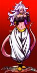  1girl alternate_form android_21 black_sclera bracelet breasts dragon_ball dragon_ball_fighterz earrings finger_to_mouth harem_pants highres hoop_earrings jadenkaiba jewelry lavender_hair majin_android_21 monster_girl navel open_mouth pants pink_skin pointy_ears red_eyes solo spoilers stomach tail tongue tongue_out 