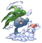  :d commentary_request full_body hat leaf no_humans oddish open_mouth pearl7 pikachu pokemon pokemon_(creature) red_eyes santa_hat simple_background smile snow snowman solo standing standing_on_one_leg white_background 