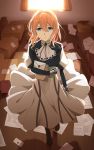  1girl absurdres blonde_hair blue_eyes blue_jacket braid breasts commentary_request dress gloves hair_between_eyes hair_ribbon highres jacket jewelry long_hair long_sleeves looking_at_viewer red_ribbon ribbon rko_(a470350510) skirt solo violet_evergarden violet_evergarden_(character) 