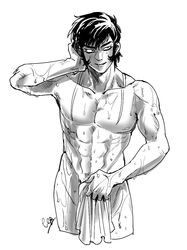  1boy abs arm_behind_head cowboy_shot devilman fudou_akira greyscale leg1228 male_focus monochrome nude scar sideburns simple_background solo toned toned_male towel wet white_background 