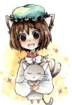  bad_id brown_eyes brown_hair cat cat_ears cat_tail chen earrings hat jewelry kaba_(artist) momiji_(lucario) multiple_tails short_hair smile solo tail touhou 