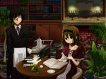  book brown_hair butler candle gloves green_eyes hairband hoihoisan2 monocle plant pocket_watch reading tea watch 