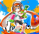  1girl bike_shorts blanc blue_eyes brown_hair choujigen_game_neptune headphones inkling inkling_(cosplay) neptune_(series) paint shiitake_urimo short_hair solo splatoon twitter_username water_gun 