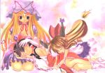  blonde_hair brown_hair elbow_gloves furederiki gloves hair_ribbon hakurei_reimu hat horns ibuki_suika japanese_clothes lap_pillow long_hair miko ribbon sleeping touhou traditional_media watercolor watercolor_(medium) yakumo_yukari 