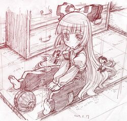  bangs barefoot blunt_bangs bow child feet fujiwara_no_mokou graphite_(medium) hair_bow hair_ribbon hime_cut long_hair monochrome red ribbon sakino_shingetsu sitting sketch touhou traditional_media v_arms young 