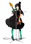 1girl akiyama_mio bangs bass bass_guitar black_eyes black_hair black_shoes blue_legwear blunt_bangs don&#039;t_say_&quot;lazy&quot; don&#039;t_say_lazy dress face_paint facepaint hat high_heels hime_cut instrument k-on! microphone microphone_stand mini_top_hat mizuki_ame pantyhose shoes solo striped top_hat 
