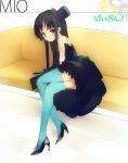  1girl akiyama_mio bangs black_hair blunt_bangs couch don&#039;t_say_&quot;lazy&quot; don&#039;t_say_lazy hat high_heels highres hime_cut k-on! long_hair mini_top_hat sayappa shoes solo thigh-highs thighhighs top_hat zettai_ryouiki 