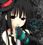  1girl akiyama_mio bad_id bangs black_hair blunt_bangs don&#039;t_say_&quot;lazy&quot; don&#039;t_say_lazy dress face_paint facepaint fingerless_gloves gloves hat hime_cut k-on! kishiki_kanmitsu microphone microphone_stand mini_top_hat solo striped striped_gloves top_hat 