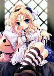  blonde_hair blue_eyes dress gothic_lolita highres kneehighs lolita_fashion mary_janes miyama-zero shoes socks striped striped_kneehighs striped_socks stuffed_animal stuffed_toy 