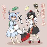  barefoot chibi fan geta hair_bobbles hair_ornament hat inubashiri_momiji kawashiro_nitori rokunen saliva shameimaru_aya tail tengu-geta tokin_hat touhou wolf_ears wolf_tail 