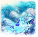  1girl alternate_hairstyle aqua aqua_dress belt blonde_hair blue_background blue_eyes closed_eyes couple detached_sleeves dress gloves happy hug long_hair lowres senel_coolidge short_hair silver_hair smile stella stella_fennes stella_telmes tales_of_(series) tales_of_legendia underwater water white_hair 