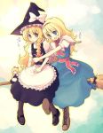  alice_margatroid alternate_hairstyle blonde_hair blue_eyes broom broom_riding doll hat kimarin kirisame_marisa long_hair multiple_girls shanghai shanghai_doll touhou witch_hat yellow_eyes 