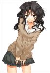  1girl amagami black_eyes black_hair char collared_shirt curly_hair face green_eyes long_hair miniskirt pleated_skirt school_uniform skirt skirt_pull smile solo sweater tanamachi_kaoru wavy_hair 