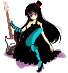  1girl akiyama_mio bangs bass bass_guitar black_hair blue_legwear blunt_bangs don&#039;t_say_&quot;lazy&quot; don&#039;t_say_lazy gothic_lolita hat highres hime_cut instrument k-on! long_hair mini_top_hat nickq pantyhose solo striped top_hat 