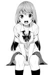  attsun_(atsushi_jb) highres kneehighs long_hair monochrome original school_uniform sitting skirt smile v_arms 