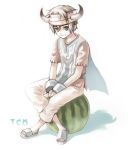  character_name food fruit horns ico ico_(character) ico_(game) male short_hair sitting smile tabard watermelon yuuryuu_nagare 