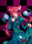  :p animal_ears bad_id braid cat_ears cat_tail checkered checkered_background dress dress_lift floating_skull green_dress hands kaenbyou_rin long_hair pico_(picollector79) red_eyes red_hair tail tongue touhou twin_braids twintails very_long_hair wink 