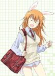  animal_ears bag bunny_ears charlotte_e_yeager closed_eyes dress_shirt laughing long_hair necktie no_pants orange_hair panties rabbit_ears school_uniform shirt smile strike_witches sweater sweater_vest tail underwear 