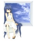  blue_hair closed_eyes dress feet katsufuki long_hair original single_shoe sky sleeping sundress very_long_hair window 