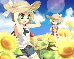  antennae arms_behind_back ascot bad_id belt cape closed_eyes cloud flower green_eyes green_hair happy hat jungetsu_hoko kazami_yuuka leaf multiple_girls open_mouth plaid plaid_skirt plaid_vest shaded_face short_hair skirt skirt_set sky smile straw_hat sunflower touhou unmoving_pattern wriggle_nightbug 